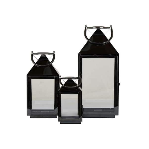 Benjara Black Metal Decorative Lantern with Wooden Handle and Glass Panel (Set of 3)
