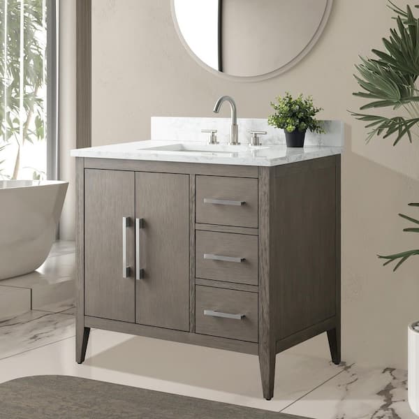 36 in. W x 22 in. D x 34 in. H Single Sink Bathroom Vanity Cabinet in Driftwood Gray with Engineered Marble Top
