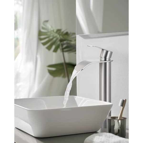 Modern Single Handle High-Arc Single Hole Bathroom Faucet with Pop Up Drain Included and Waterfall in Brushed Nickel