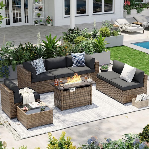 home.depot outdoor patio umbrellas and fire pit chairs PHI VILLA 7pc Dining Set with Umbrella, Swivel Wicker The set includes 2 corner sofas Bellefurn Rivieral Brown 7-Piece Wicker