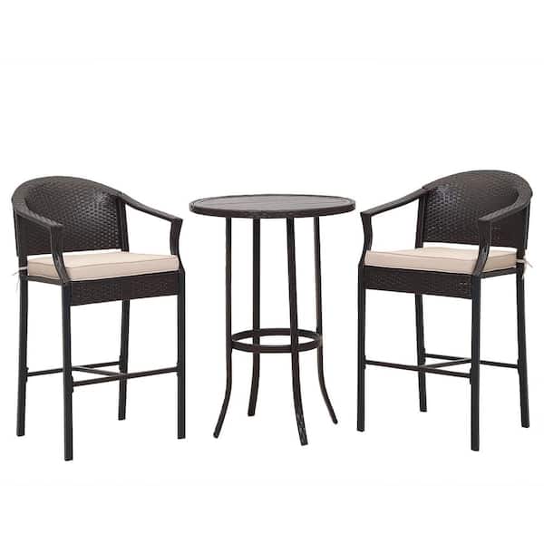 Zeus & Ruta 3-Piece Black Iron PE Wicker Patio Outdoor Serving Bar Set with Beige Cushions for Poolside, Porch, Deck, Backyard