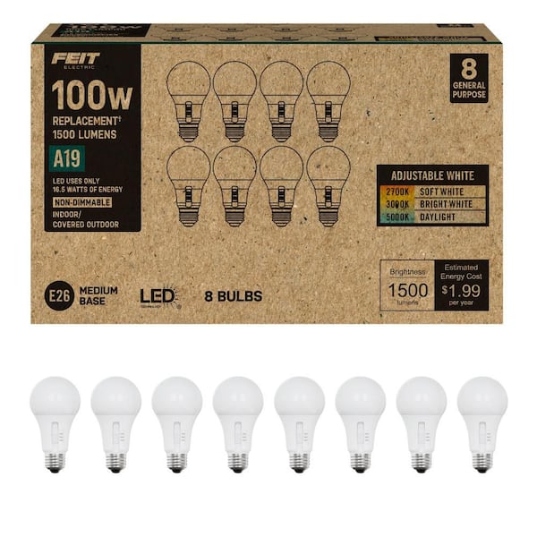 100-Watt Equivalent A19 A-Style Non-Dimmable CEC LED Light Bulb with Selectable Color Temperature (8-Pack)