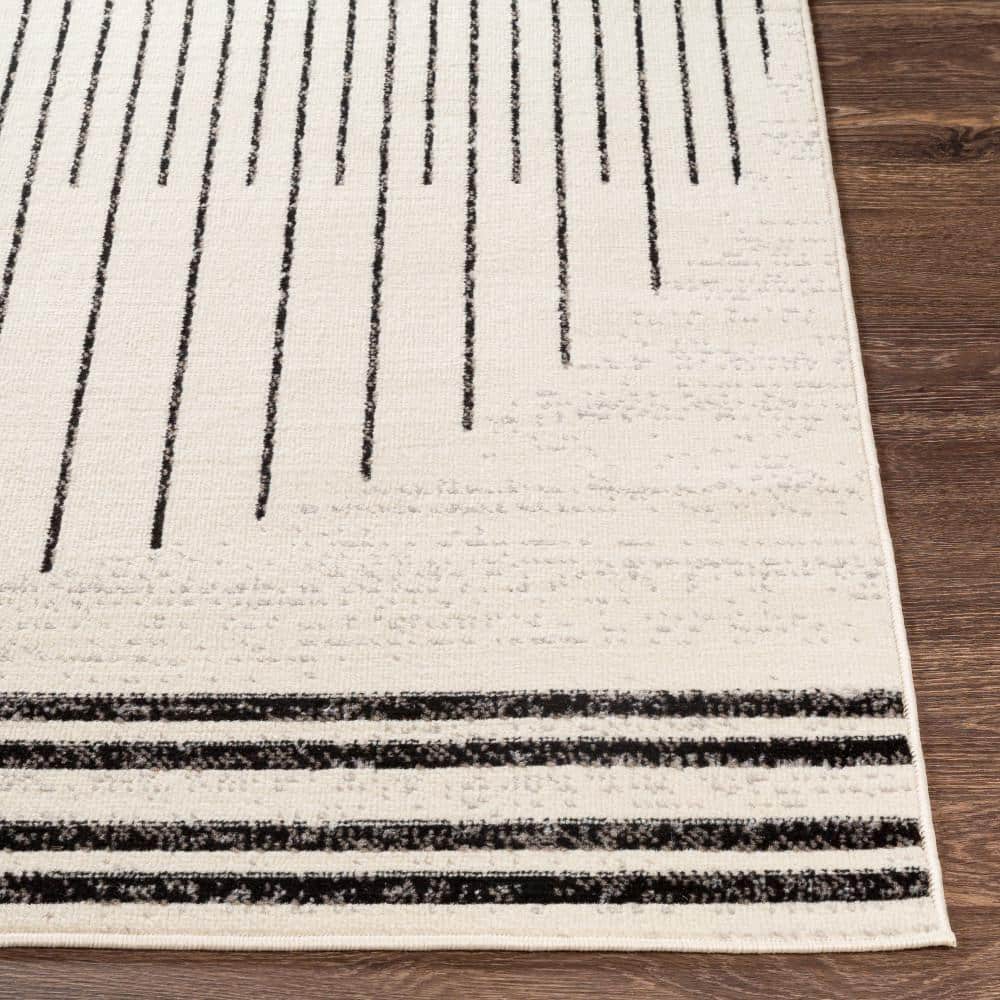 Modern Black and Ivory Geometric Runner Rug, 2'7" x 7'3"
