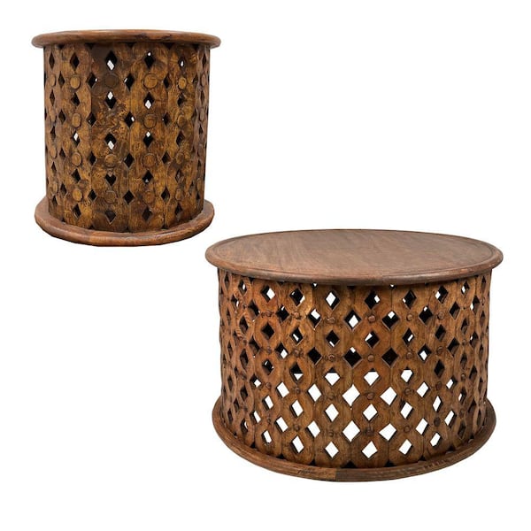 THE URBAN PORT Cato 31 in. Rustic Brown Round Mango Wood Top 2-Piece Coffee Table and Side End Table Set with Cut Out Design