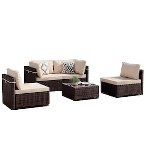 5-Piece Wicker Patio Conversation Seating Set with Beige Cushions and Coffee Table