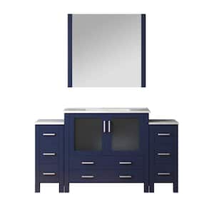 Volez 60 in. W x 18 in. D x 34 in. H Single Sink Bath Vanity in Navy Blue with White Ceramic Top and Mirror