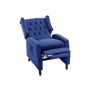 Modern Navy Blue Linen Upholstered Wingback Recliner Chair with Side Pocket