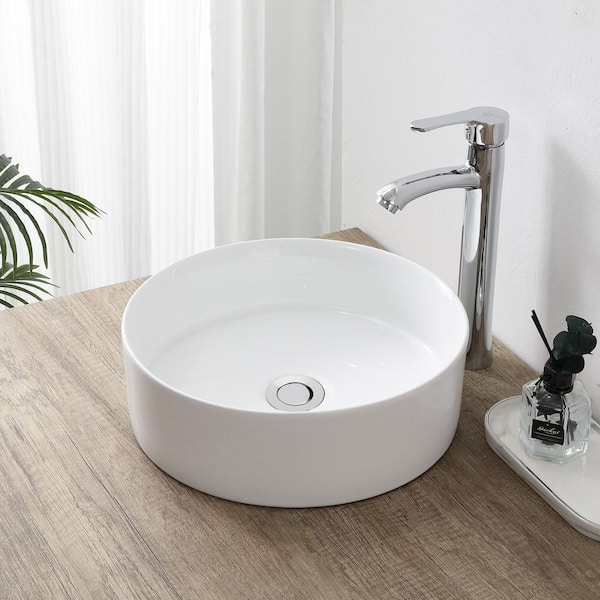Aura 14.25 in. Round Art Deco Contemporary Ceramic Bathroom Vessel Sink, White