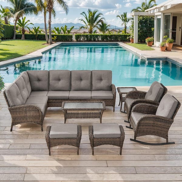 moosprr 8-Piece Brown Wicker Outdoor Sectional Set with Olefin Gray Cushions and L-Shaped Sofa/Rocking Chairs
