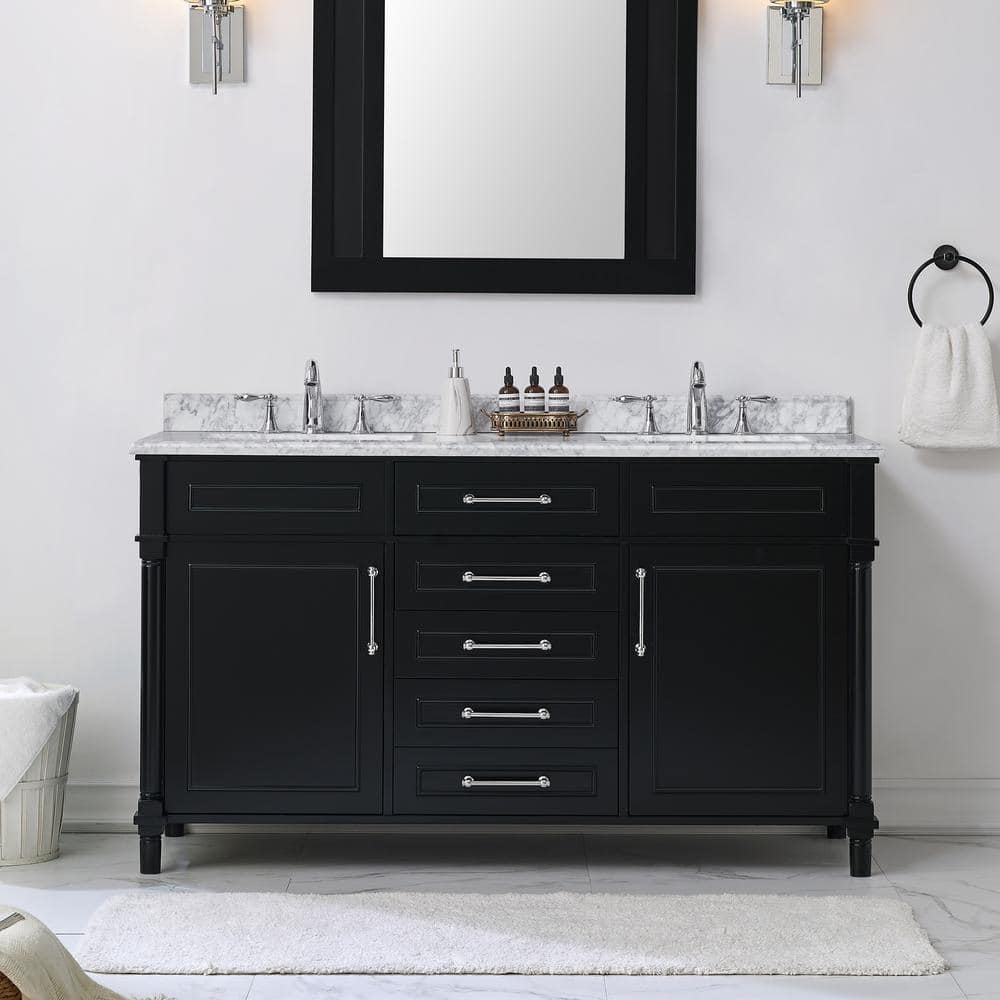 Home Decorators Collection Aberdeen 60 in. W x 22 in. D x 34 in. H Double Sink Bath Vanity in Black with Carrara Marble Top