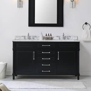 Aberdeen 60 in. Double Sink Freestanding Black Bath Vanity with Carrara Marble Top (Assembled)