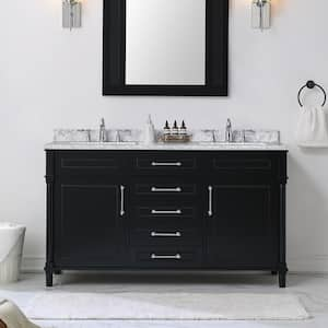 Aberdeen 60 in. Double Sink Black Bath Vanity with Carrara Marble Top (Assembled)