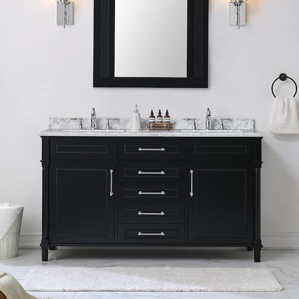 Home Decorators Collection Aberdeen 60 in. Double Sink Freestanding Black Bath Vanity with Carrara Marble Top (Assembled)