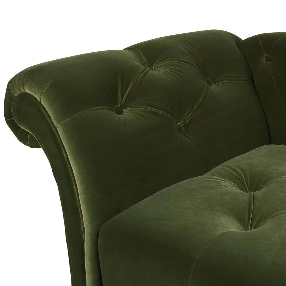 Olive Green Velvet Tufted Chaise Lounge with Wood Legs