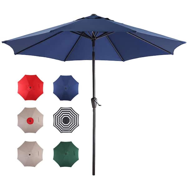 Siavonce 9 ft. Patio Umbrella Outdoor Table Umbrella with Button Tilt and Crank, Market Umbrella With 8 Steel Ribs (Dark Blue)