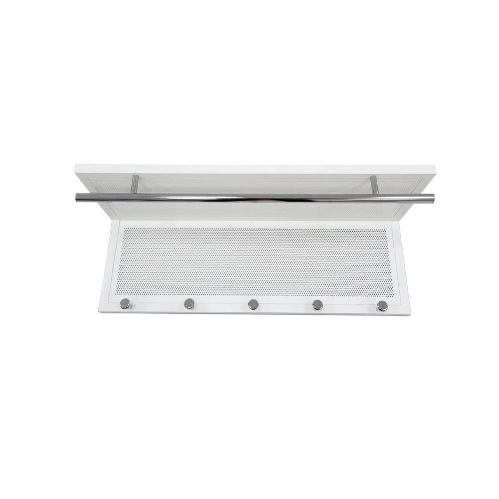 White Metal Wall Mounted Shelf with 5 Hooks