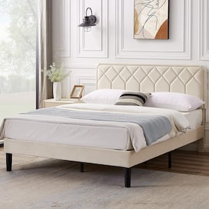 Bed Frame with Upholstered Headboard, Beige Metal Frame Full Platform Bed with Strong Frame and Wooden Slats Support