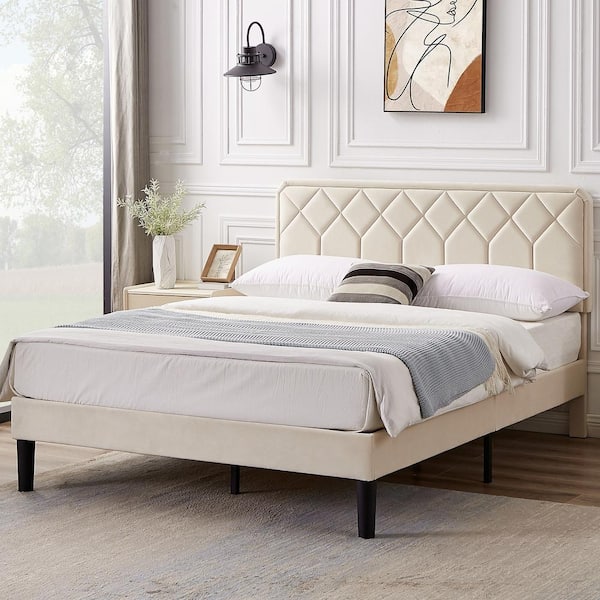 Bed Frame with Upholstered Headboard Beige Metal Frame Full Platform Bed with Strong Frame and Wooden Slats Support