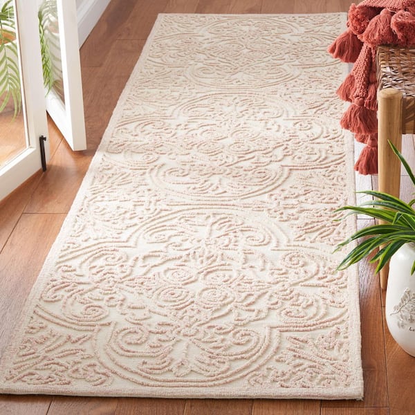 Martha Stewart 2 ft. x 10 ft. Ivory/Pink Floral Ornate Runner Rug