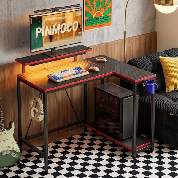 42 in. L-Shaped Black Carbon Fiber Reversible Gaming Desk LED Computer Desk with Storage Monitor Stand and Headset Hooks