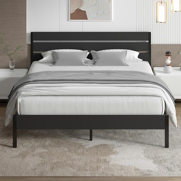 VECELO Queen Bed Frame Black Metal Frame Queen Platform Bed w/Modern Wood Headboard Easy Assembly/No-Slip/No Noise, 62.1 in. W