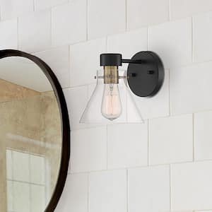 Willow Creek 7 in. 1-Light Matte Black Contemporary Wall Sconce with Clear Glass Shade for Living Rooms