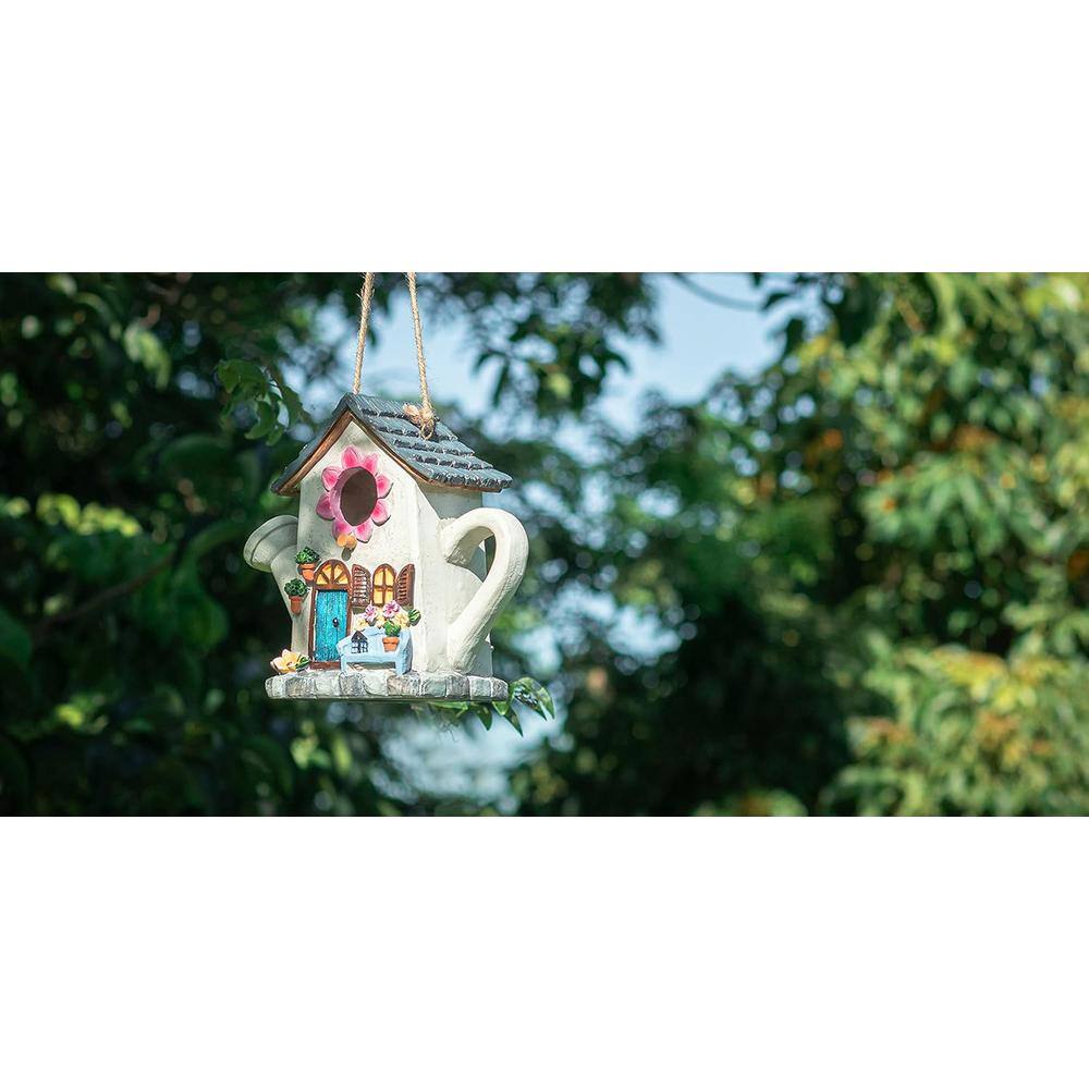 Multi-Colored Resin Watering Can Hanging Bird House with Flower Design