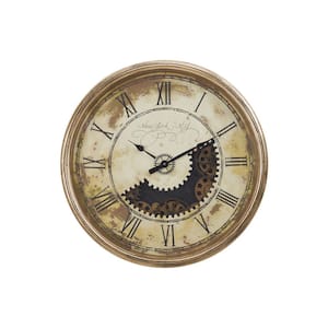 30 in. W x 4 in. D Gold Round Large Antiqued Wall Clock with Creamy White Numeric Markings and Backdrop for Home Decor