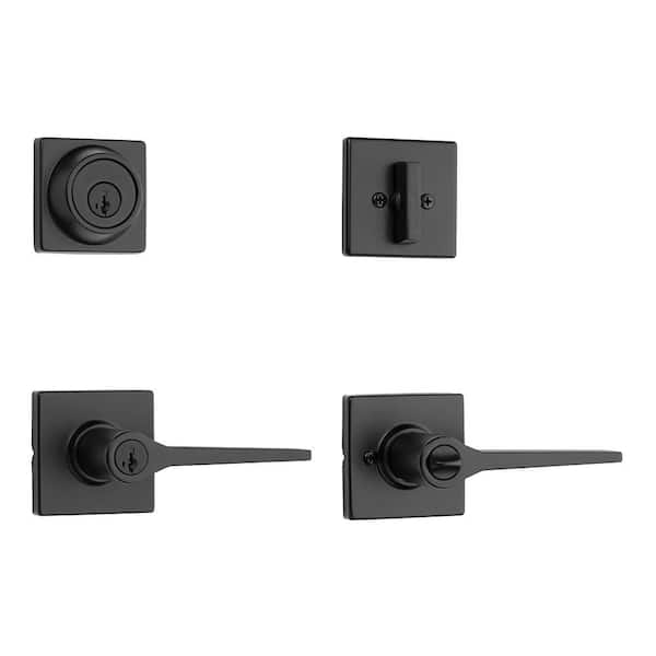 Kwikset Hollis Matte Black Keyed Entry Door Lever and Single Cylinder Deadbolt Combo Pack ft SmartKey Security