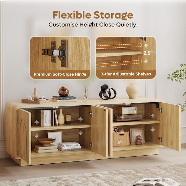 63 in. Modern Natural Oak TV Stand Entertainment Center Fits TV's Up to 70 in. with 4 Arched Doors & Storage