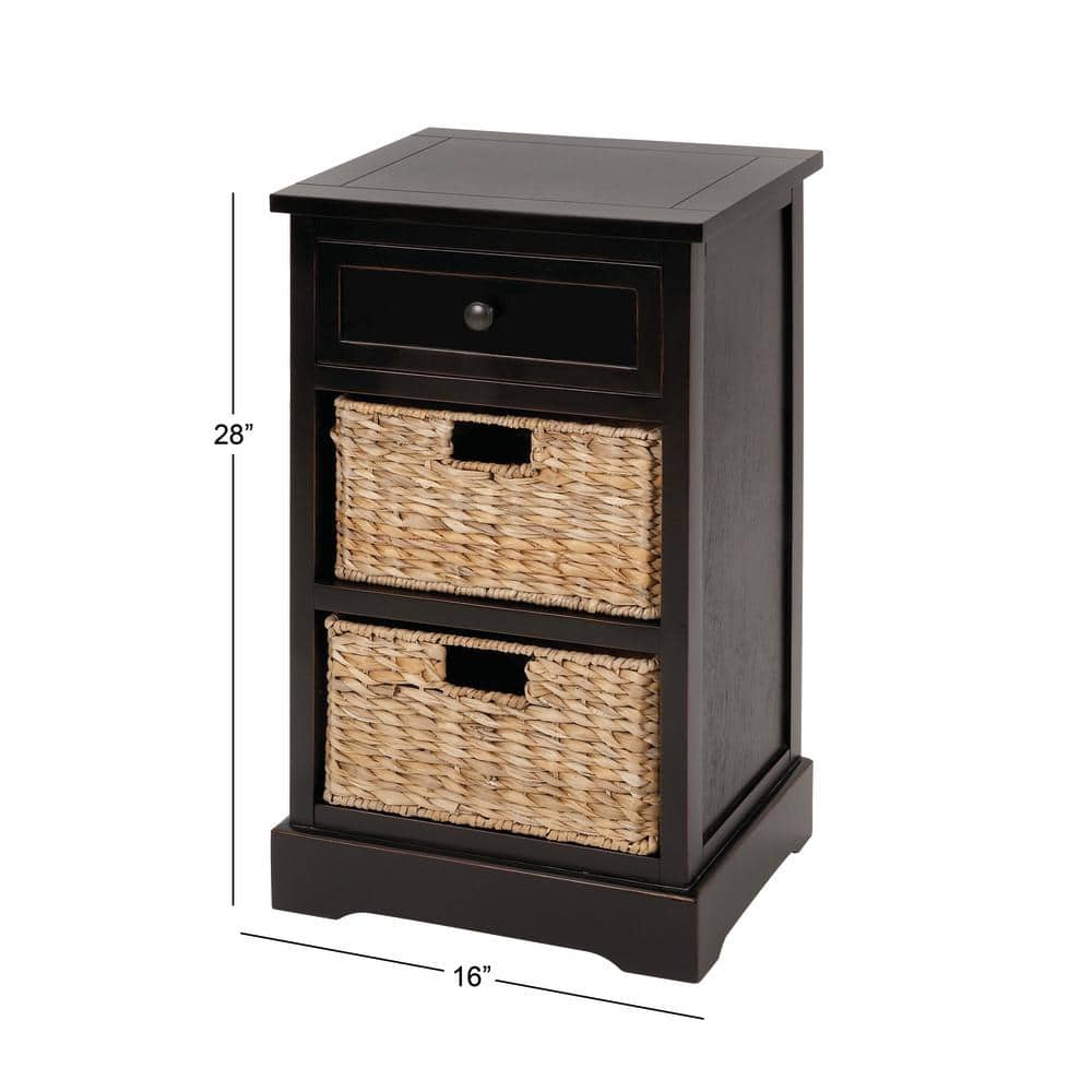 Black Pinewood Accent Table with Wicker Basket Drawers