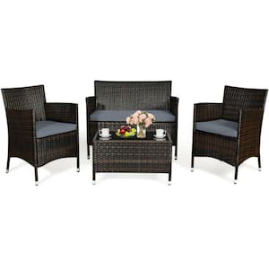 4-Piece Outdoor Wicker Conversation Furniture Set with Gray Cushions and Tempered Glass Table