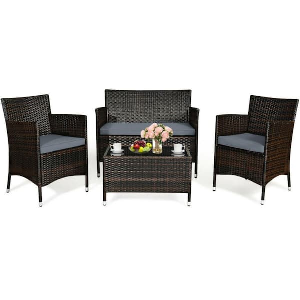 Alpulon 4-Piece Outdoor Wicker Conversation Furniture Set with Gray Cushions and Tempered Glass Table