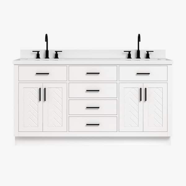 Herringbone 66 in. Double Sink Freestanding Bath Vanity in White with and Pure Quartz Top