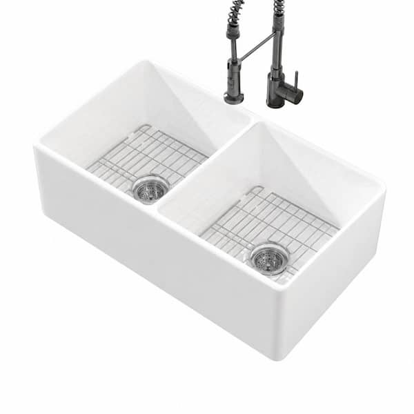 33 in. Farmhouse Undermount Double Bowl Reversible White Fireclay Apron Front Kitchen Sink, 50/50