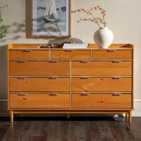Walker Edison Furniture Company Mid-Century Modern Caramel 9-Drawer 59 in. W Solid Wood Dresser with Tray Top