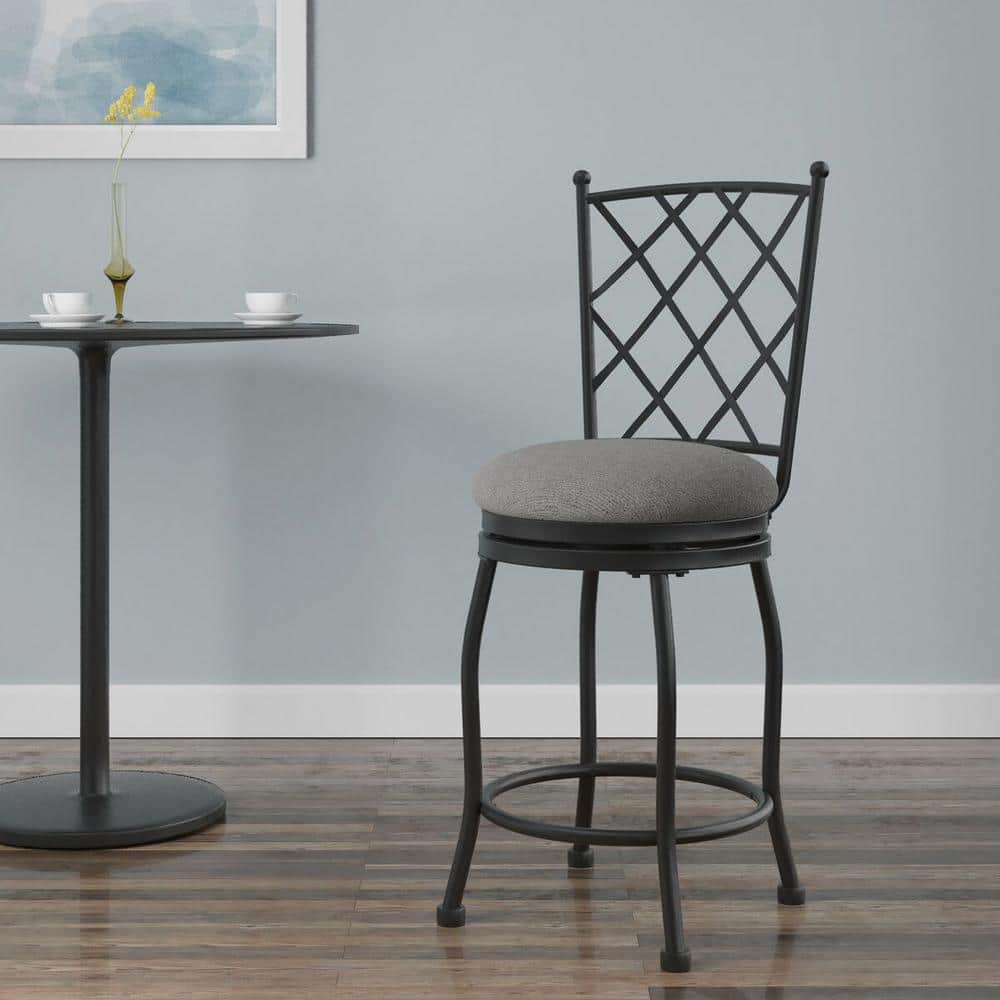 Tristan 24" Swivel Counter Stool in Black Metal with Gray Cushion