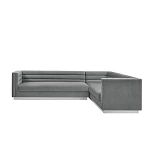 Annemarie 85in Width Square Arm Style Upholstered Velvet Tufted L Shaped Sofa in Dark Gray