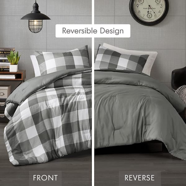 Jonah 3-Piece Charcoal Grey King/Cal King Plaid Check Printed Comforter Set