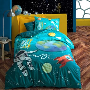 Cosmos İn Sky Duvet Cover Set : Turquoise, Twin Size Duvet Cover, 1-Duvet Cover, 1-Fitted Sheet and 2-Pillowcases