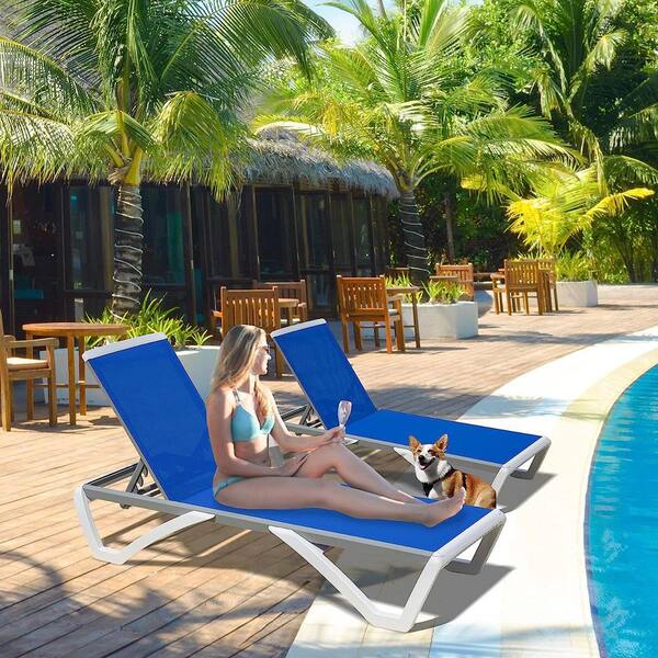Cesicia Blue Adjustable White Frame 1-Piece Metal Outdoor Chaise Lounge with Plastic Pool
