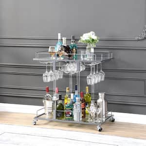Streamlined Style Silver Gray Acrylic Serving Cart with Wine Rack and Glass Holder