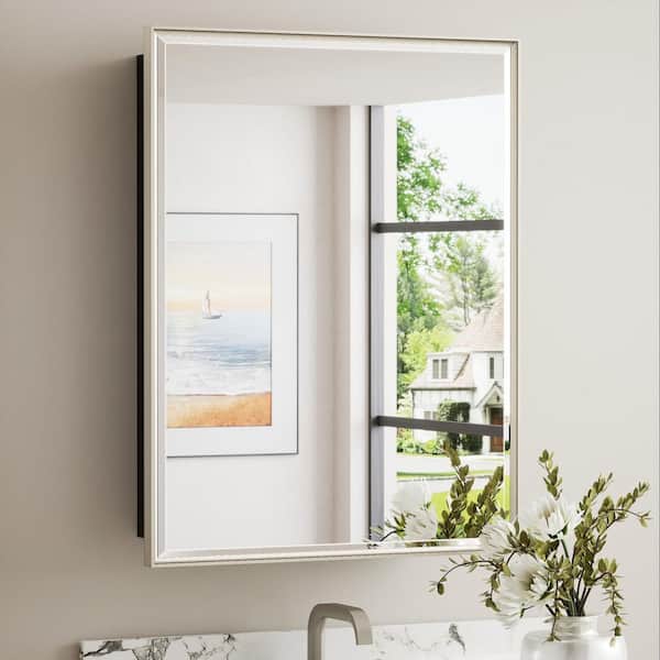 KeonJinn 21 in. W x 27 in. H Rectangular Silver Metal Framed Beveled Surface Mount/Recessed Medicine Cabinet with Mirror