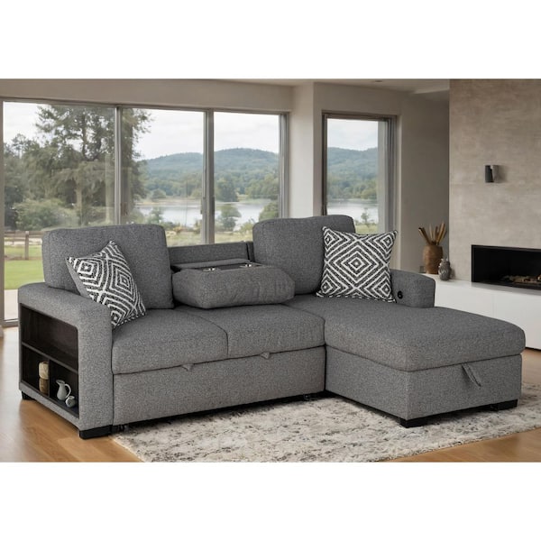 Selena 93 in. Track Arms Fabric Upholstered L-Shaped Right-Chaise Pull-Out Sectional Sofa in Gray with Bookcase