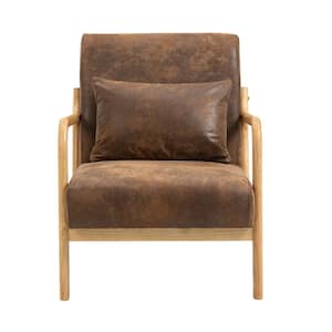 Mid-Century Modern Brown Gilded Cloth Upholstered Accent Chair for Living Room, Wood Frame Armchair with Waist Cushion