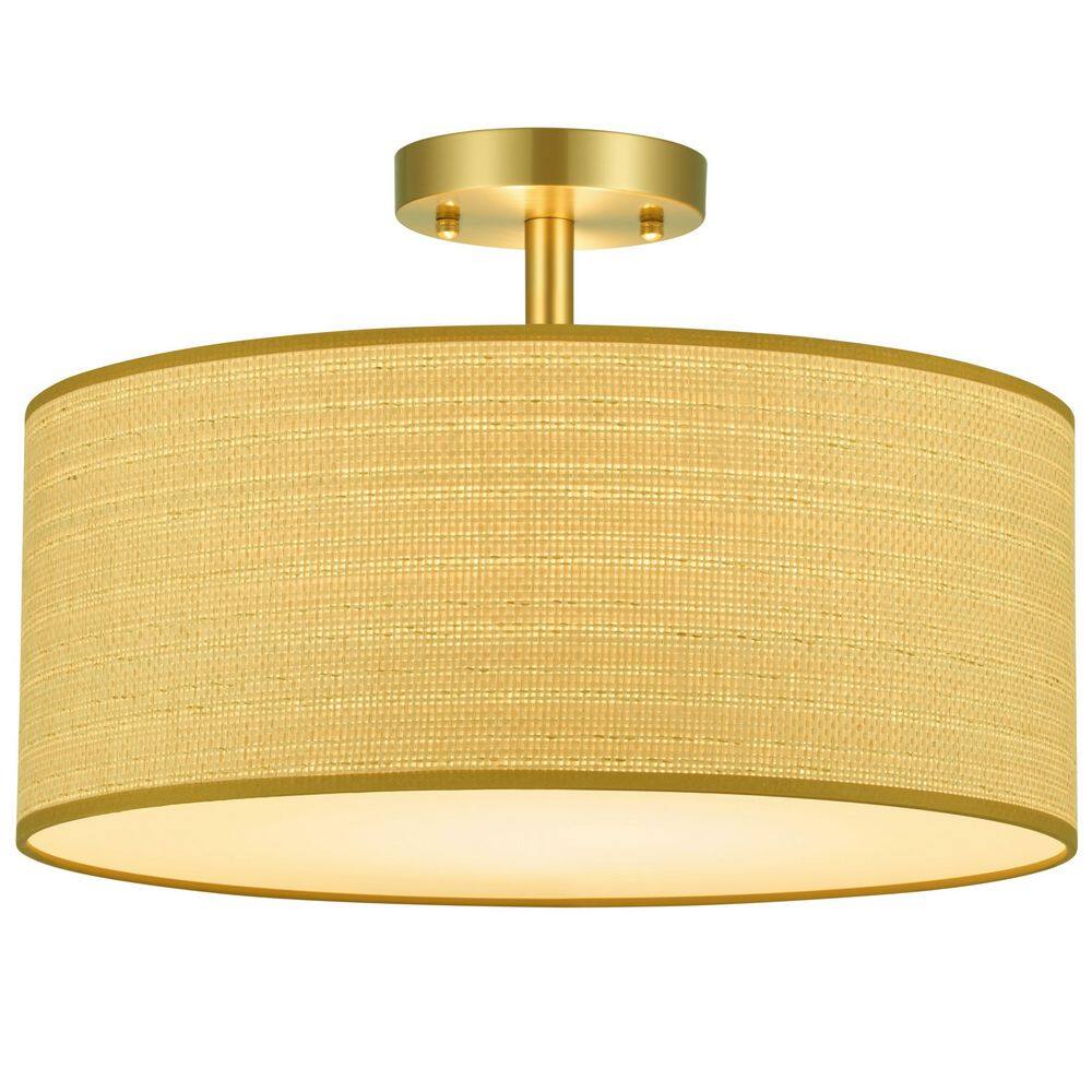 18 in. Coastal Modern Drum Brushed Brass Semi-Flush Mount for Bedroom with Natural Jute Hessian Burlap Fabric Shade price history on PriceWatchPro