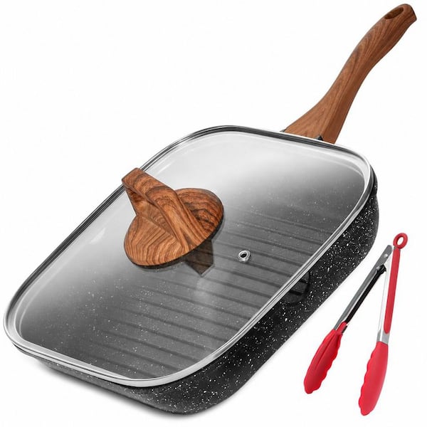 11 in. Nonstick Aluminum Grill Pan with Lid and Tongs, Versatile Induction Square Large Grilling Skillet Steak Pan