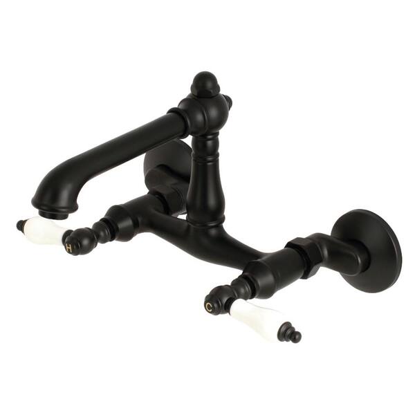 Kingston Brass English Country Adjustable Center 2-Handle Wall-Mount Kitchen Faucet in Matte Black