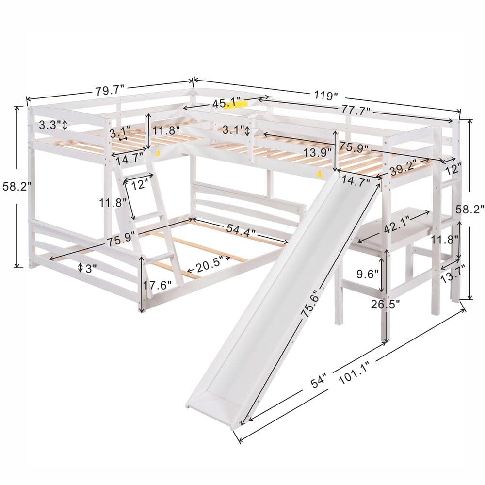 Harper & Bright Designs  L-Shaped White Twin Over Full Triple Bunk Bed with Ladder, Slide and Desk - 2