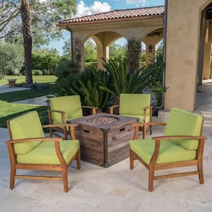 Mark Teak Brown 5-Piece Wood Patio Fire Pit Seating Set with Green Cushions